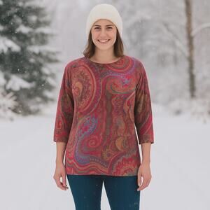 Talbots SZ 3X 100% Cashmere Colorful Paisley Pullover Sweater 3/4 Sleeves